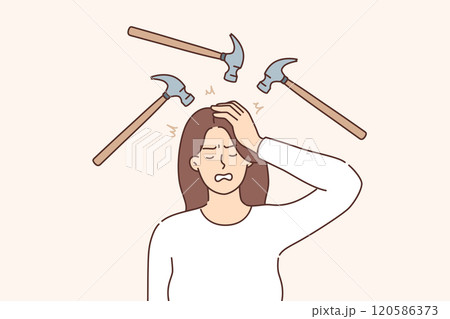 Headache torment woman who feels blows to head with hammers and needs pharmacological remedies 120586373
