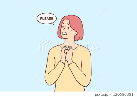 Guilty woman begs for help and assistance in solving problem, demonstrates pleading emotions Guilty woman begs for help and assistance in solving problem, demonstrates pleading emotions 120586381
