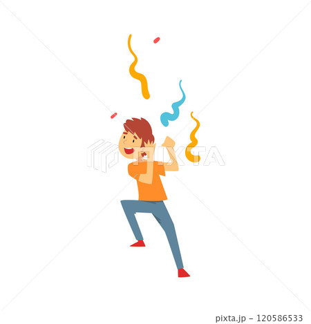 Happy Smiling Boy Having Fun at Birthday, Carnival Party or Circus Performance Vector Illustration 120586533