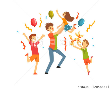 Cute Kids Celebrating Party, Happy Children Having Fun with Clown at Birthday, Carnival Party or Circus Performance Vector Illustration 120586551
