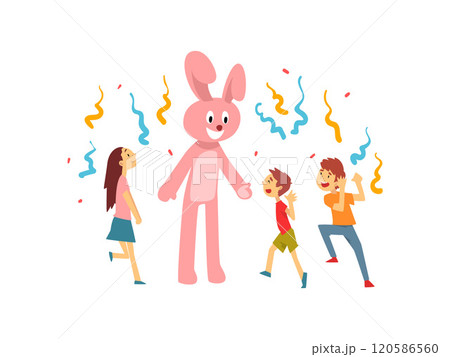 Cute Boys and Girl Celebrating Kids Party, Happy Children Having Fun with Animator in Rabbit Costume at Birthday or Carnival Party Vector Illustration 120586560