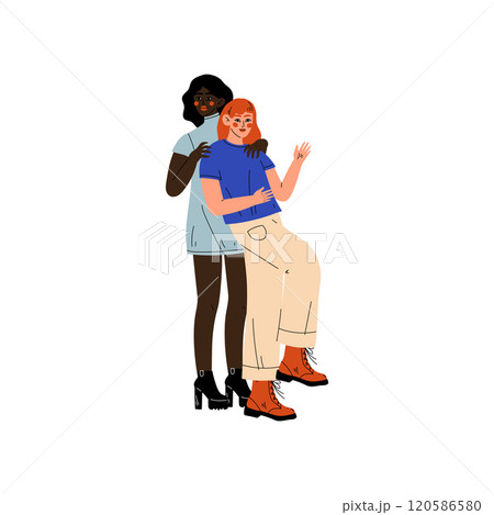 Interracial Lesbian Couple, Two Happy Women Hugging, Romantic Homosexual Relationship Vector Illustration 120586580