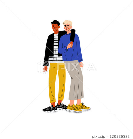Happy Gay Interracial Male Couple, Hugging Men, Romantic Homosexual Relationship Vector Illustration Happy Gay Interracial Male Couple, Hugging Men, Romantic Homosexual Relationship Vector Illustration 120586582