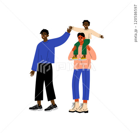 Non Traditional Male Homosexual Family Couple and Their Little Son, Two Men and Girl, Gay Parents with Kid Vector Illustration 120586597