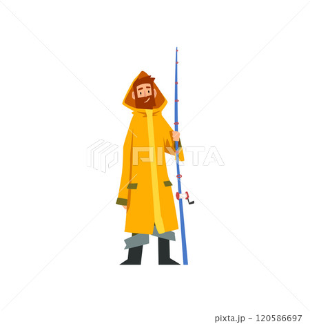 Fisherman Standing with Fishing Rod, Fishman Character in Raincoat and Rubber Boots Vector Illustration 120586697
