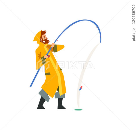 Fisherman Pulling Big Fish with Fishing Rod, Fishman Character in Raincoat and Rubber Boots Vector Illustration Fisherman Pulling Big Fish with Fishing Rod, Fishman Character in Raincoat and Rubber Boots Vector Illustration 120586709