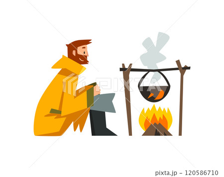 Fisherman Cooking Fish Soup in Cauldron Over Bonfire, Bearded Fishman Character in Raincoat and Rubber Boots Vector Illustration 120586710