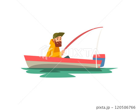 Bearded Fisherman Sitting in Boat with Fishing Rod, Fishman Character Wearing Raincoat Vector Illustration 120586766