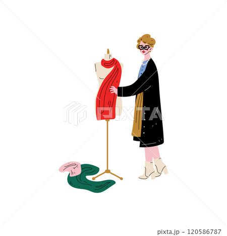 Female Tailor Character Sewing Dress on Dressmakers Dummy. Vector Illustration 120586787