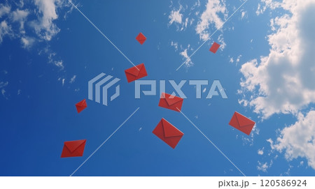 The red envelopes against a blue sky, with a few clouds. The red envelopes against a blue sky, with a few clouds. 120586924