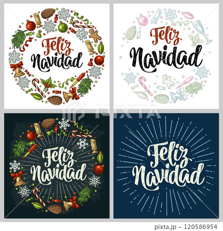 Circle shape set with Feliz Navidad handwriting calligraphy lettering. Gingerbread, candy, mistletoe, bell, serpentine, rocket, snowflake, pine cone, fir branch, toy. Vector vintage color engraving Circle shape set with Feliz Navidad handwriting calligraphy lettering. Gingerbread, candy, mistletoe, bell, serpentine, rocket, snowflake, pine cone, fir branch, toy. Vector vintage color engraving 120586954