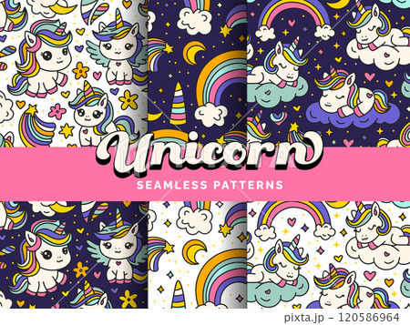 Baby cute children patterns magical unicorns rainbows clouds stars magic skies 120586964