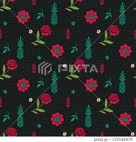 Vector seamless pattern roses leaves flowers cute dark background forest mystical 120586974