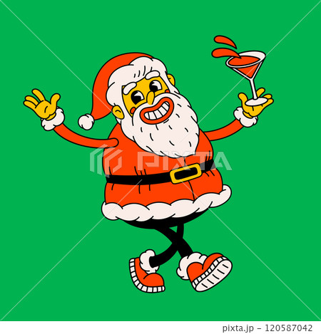 Happy Santa Claus with cocktail. Groovy vintage funny Santa character drinking alcohol. 120587042