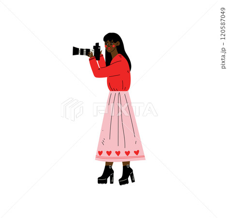African American Woman Taking Photos with Digital Camera, Female Photographer Character Making Picture Vector Illustration African American Woman Taking Photos with Digital Camera, Female Photographer Character Making Picture Vector Illustration 120587049