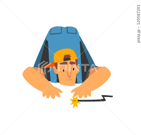 Professional Electrician Repairing Electrical Wire, Electric Man Character in Blue Overalls at Work Vector Illustration 120587201