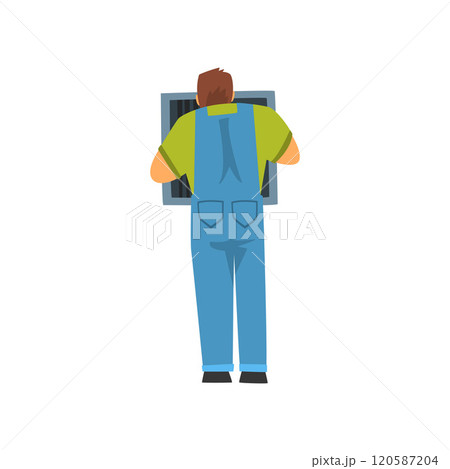 Professional Electrician Repairing Equipment in Fuse Box, Electric Man Character in Blue Overalls, Back View Vector Illustration 120587204