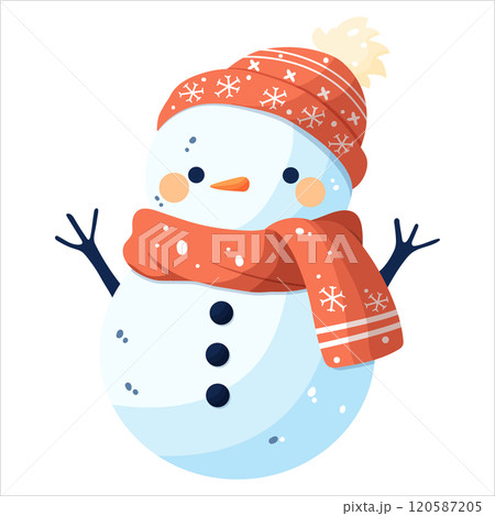 A snowman in an orange hat and an orange scarf decorated with snowflakes. 120587205