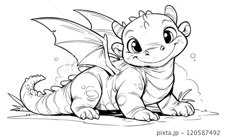 Cute Baby Dragon Cartoon Character Fun Fantasy Illustration Adorable Dragon Baby Smiling Fantasy Creature Childrens Book Coloring Page Joyful Dragon Playful Kid-Friendly Art 120587492