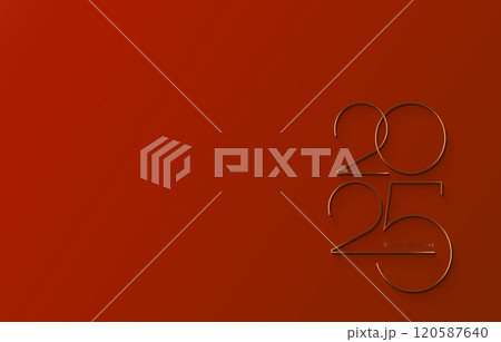 2025 New Year gold logo design. Holiday greeting card. Vector illustration. Holiday design for greeting card, invitation, calendar, party, golden holiday label isolated on red background  120587640