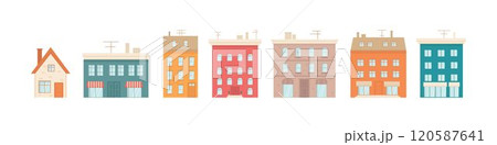 Set with houses exteriors front view with roof, doors and windows. Townhouse building apartment, residential town buildings architecture. Vector illustrations isolated on white background. EPS10 120587641