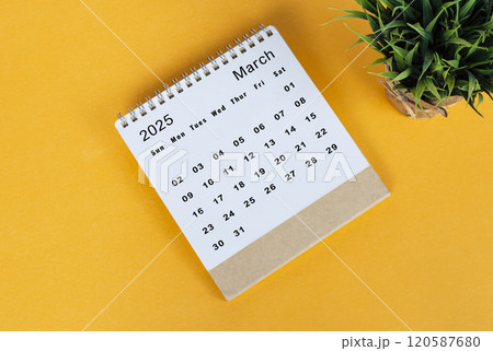 March 2025 desk calendar on yellow background. Directly above. Flat lay March 2025 desk calendar on yellow background. Directly above. Flat lay 120587680