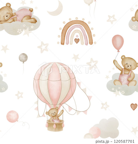 Teddy Bear seamless Pattern. Watercolor background with cute Toy, rainbows, air balloon and stars for Baby girl textile design or wallpaper. Pastel illustration with childish character with clouds. Teddy Bear seamless Pattern. Watercolor background with cute Toy, rainbows, air balloon and stars for Baby girl textile design or wallpaper. Pastel illustration with childish character with clouds. 120587701