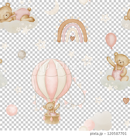 Teddy Bear seamless Pattern. Watercolor background with cute Toy, rainbows, air balloon and stars for Baby girl textile design or wallpaper. Pastel illustration with childish character with clouds. Teddy Bear seamless Pattern. Watercolor background with cute Toy, rainbows, air balloon and stars for Baby girl textile design or wallpaper. Pastel illustration with childish character with clouds. 120587701