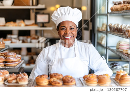 Smiling mature African American female saleswoman in bakery behind a counter filled with various baked goods 120587707