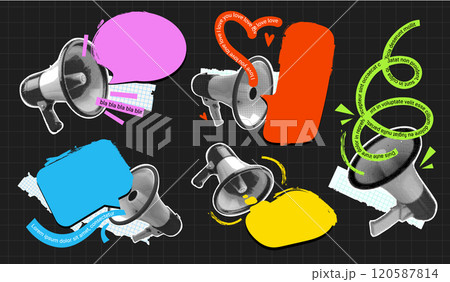 Halftone loudspeaker message. Loudspeakers with speech bubbles retro pop art collage, megaphone announce sale offer alert or loud news, vintage speaker exact vector illustration Halftone loudspeaker message. Loudspeakers with speech bubbles retro pop art collage, megaphone announce sale offer alert or loud news, vintage speaker exact vector illustration 120587814