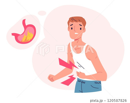 Man stomach ache. People stomachache concept, sick guy witch abdominal pain painful abdomen inflammation heartburn symptom ill digestive tract problem vector illustration 120587826