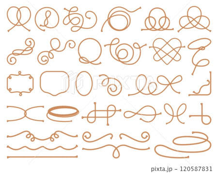 Cartoon rope knots. Cord braided string pieces elements, loop lasso thread cable cords nautical knot node tie bend noose twisted shape marine ship, set swanky vector illustration Cartoon rope knots. Cord braided string pieces elements, loop lasso thread cable cords nautical knot node tie bend noose twisted shape marine ship, set swanky vector illustration 120587831
