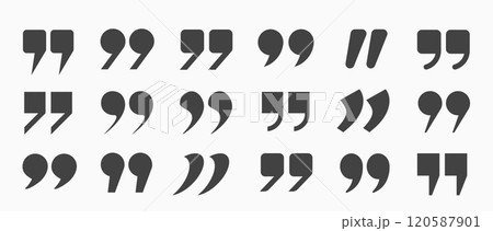 A set of dark gray quotation marks of different shapes on a white background. 120587901