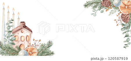 Christmas Advent Banner with Winter plants, Ceramic house and burning Candles. Fourth Advent. Fir Branches, Eucalyptus, Pine Cones and dry Orange slices. Hand drawn Watercolor horizontal frame, border 120587919