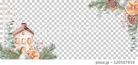Christmas Advent Banner with Winter plants, Ceramic house and burning Candles. Fourth Advent. Fir Branches, Eucalyptus, Pine Cones and dry Orange slices. Hand drawn Watercolor horizontal frame, border 120587919