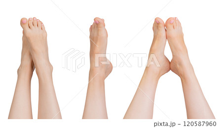 Barefoot female feet in a tidy, stretched position. Slim legs with smooth skin, neat nails, and soft 120587960