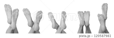Set of grayscale bare female feet showing the sole, heel, and bottom views. Smooth, soft skin 120587981