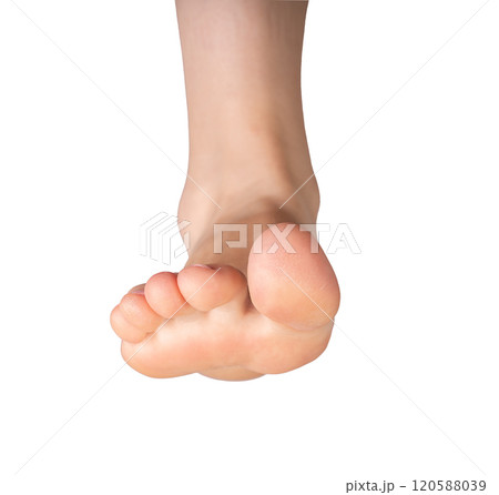 Barefoot woman walking forward. Anatomy of feet and legs in motion, smooth sole and big toe visible, 120588039