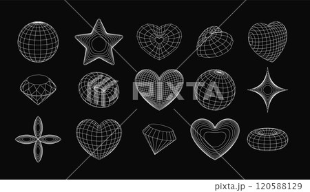 3d wireframe shapes, perspective grid figures, tech mesh vector set white line elements on black, sphere, torus, heart 3d wireframe shapes, perspective grid figures, tech mesh vector set white line elements on black, sphere, torus, heart 120588129