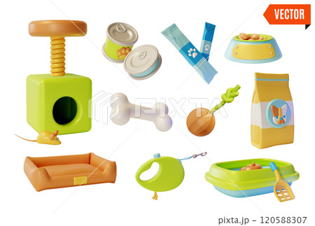 3d Pet Shop Concept Different Products for Domestic Animals Set Cartoon Design Style Include of Dog Bone, Bed, Toys, Litter Filler Pack, Toilet Tray and Scoop. Vector illustration 3d Pet Shop Concept Different Products for Domestic Animals Set Cartoon Design Style Include of Dog Bone, Bed, Toys, Litter Filler Pack, Toilet Tray and Scoop. Vector illustration 120588307
