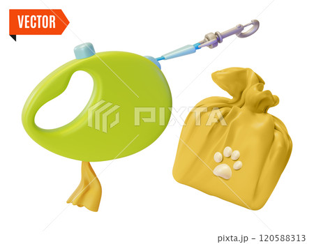 3d Pet Shop Concept Dog Walk Accessories Waste Bag with Paw Print and Roulette Cartoon Design Style. Vector illustration 120588313