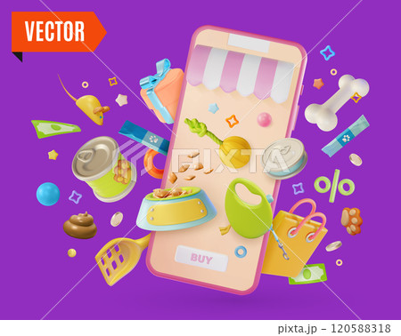 3d Pet Shop Online Sale Concept Background Cartoon Design Style. Vector illustration of Mobile Phone App and Different Products 3d Pet Shop Online Sale Concept Background Cartoon Design Style. Vector illustration of Mobile Phone App and Different Products 120588318