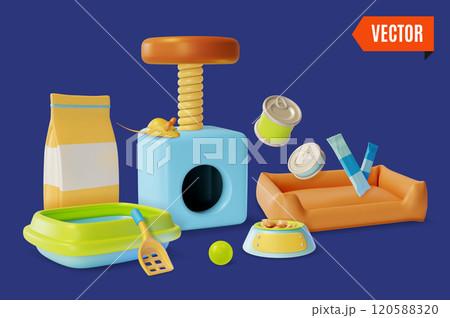 3d Everything for Cats Pet Shop Concept Background Cartoon Design Style. Vector illustration of Comfortable Bed, Interactive Toys, Food and Accessories 3d Everything for Cats Pet Shop Concept Background Cartoon Design Style. Vector illustration of Comfortable Bed, Interactive Toys, Food and Accessories 120588320