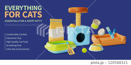 3d Everything for Cats Pet Shop Concept Ads Banner Promotion Poster Card. Vector illustration of Comfortable Bed, Interactive Toys, Food and Accessories 3d Everything for Cats Pet Shop Concept Ads Banner Promotion Poster Card. Vector illustration of Comfortable Bed, Interactive Toys, Food and Accessories 120588321