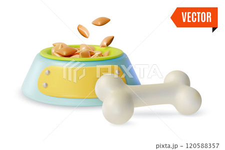 3d Pet Shop Concept Dog Full Plastic Plate Bowl with Bone near Cartoon Design Style. Vector illustration 3d Pet Shop Concept Dog Full Plastic Plate Bowl with Bone near Cartoon Design Style. Vector illustration 120588357