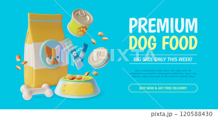 3d Premium Dog Food Big Sale and Pet Shop Concept Ads Banner Promotion Poster Card. Vector illustration of Floating Products 120588430