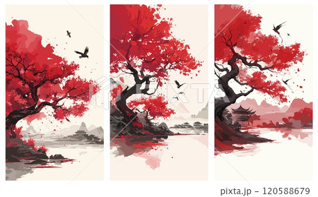 chinese watercolor landscape. red sakura and river, tree ink culture oriental color painting temple vertical background vector illustration 120588679