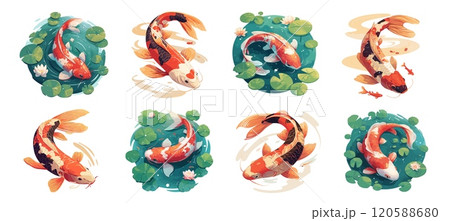 chinese carp cartoon. koi fish, pond exotic water lily lotus lily china oriental asian culture colorful set vector illustration 120588680