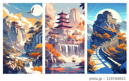 china vertical landscape. chinese great wall temple background, east asia culture architecture fortress monument history famous travel rocks waterfall stone autumn mountain landscape vector china vertical landscape. chinese great wall temple background, east asia culture architecture fortress monument history famous travel rocks waterfall stone autumn mountain landscape vector 120588681