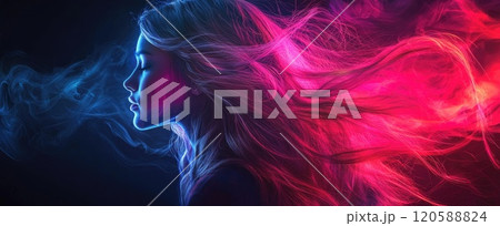 Young caucasian female with flowing neon hair in dark ambient light 120588824
